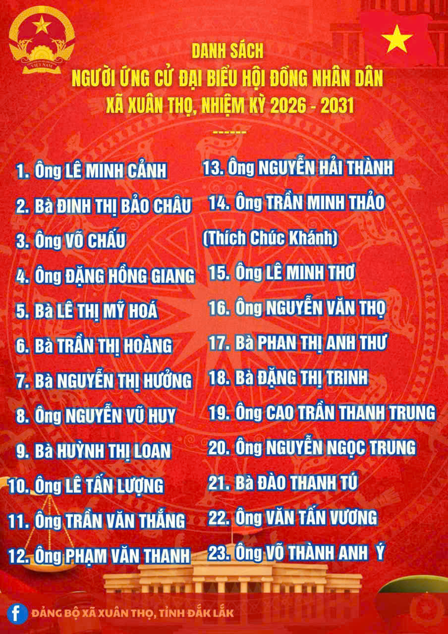 CÔNG BỐ DANH SÁCH CHÍNH THỨC NHỮNG NGƯỜI ỨNG CỬ ĐẠI BIỂU HĐND XÃ XUÂN THỌ KHÓA II, NHIỆM KỲ 2026 - 2031